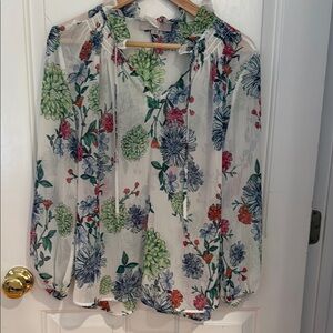 LOFT Blue and Red Long Sleeve Tie Front Blouse